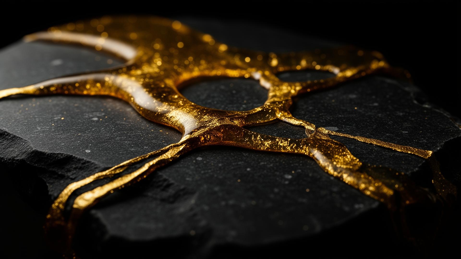 Liquid gold tracing the seams of black stone
